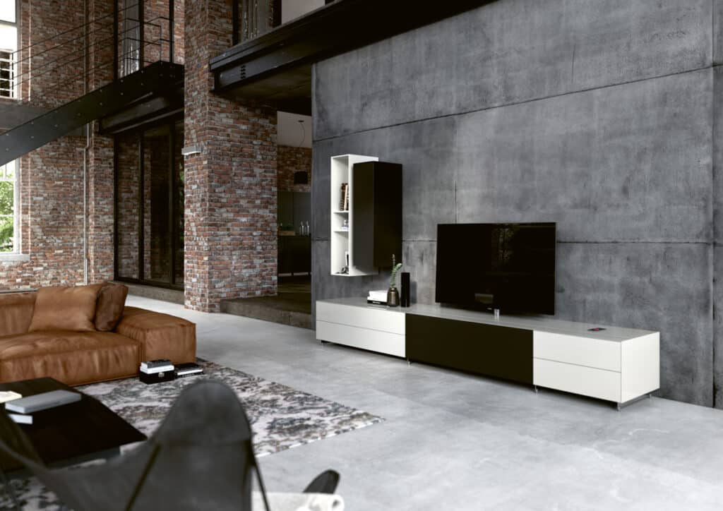 Design mobili TV parete spettrale bianca e nera con mobili abbinati alla parete