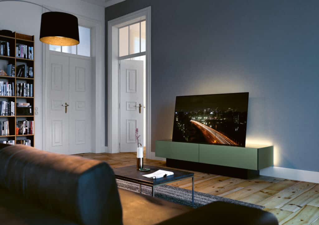Mobili TV di design verde mattone spettrale con base nera