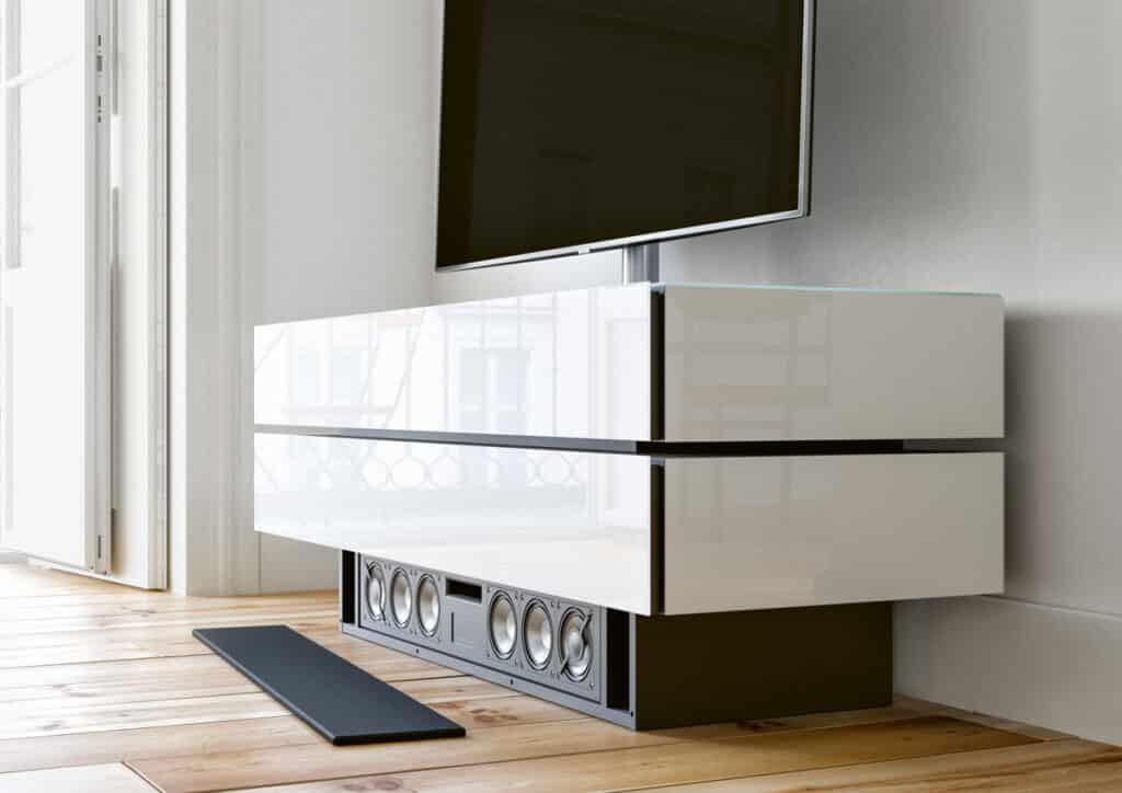 Design TV-Möbel spectral brick weiss mit soundbar im Sockel