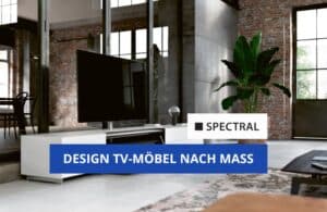 spectral design tv-möbel in weiss im wohnzimmer mit TV und Soundbar